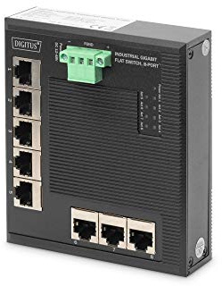DIGITUS Flat Netzwerk-Switch – 8-Port RJ45 – 1 Gbit/s | DIN-Rail Montage – Klemmleiste – Lüfterlos – Unmanaged – IP40 – Auto MDI-X-Funktion – Industrieller Ethernet Switch – Schwarz