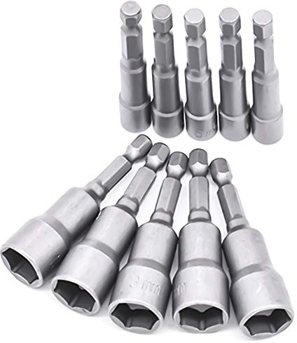 10er Set Magnete Sechskant Stecknuss, 6-19mm Steckschlüssel, Anschrauben Schraubenschlüssel für Bohrer (Chrom Vanadium Stahl)