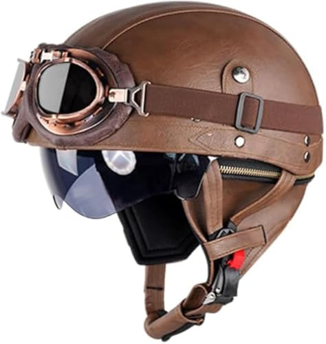 Retro Helm Motorradhelm Lederhelm Jethelme Vintage Mopedhelm Mit Brille ECE Zertifiziert Motorradkreuzer-Rollerhelm im Deutschen Stil (Braun (Farbe),S/55-56cm)
