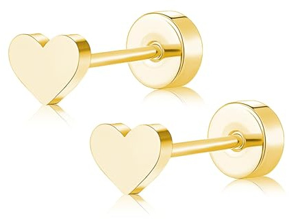 ZDE Titan Damen flach zurück Herz Ohrringe Frauen Nicht-Nickel Ohrringe hypoallergen Knorpel Ohrstecker für empfindliche Ohren einfache klassische 5mm flach Ohrstecker (Heart-Gold)