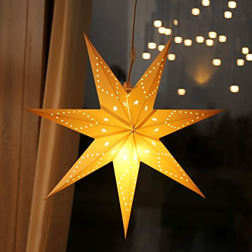 SALCAR 75cm LED Papierstern zum Aufhängen, Advents Beleuchtet 3D Leuchtstern Fenster mit E14 Warm Lampe und Weiß Papierstern
