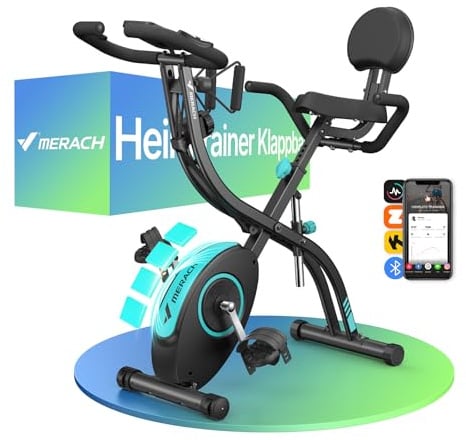 MERACH 4-in-1 Heimtrainer Klappbar, Hometrainer Fahrrad mit LCD Monitor und Handpulsmessung, Magnetisches Ergometer Fitnessbikes mit Bequemem Sitzkissen, 16-Stufiger Magnetwiderstand, Platzsparend