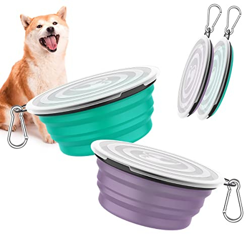 Pawaboo Faltbare Hundenapf Reisenäpfe 2 Stück 450ml mit Deckeln | Tragbar Silikon Auslaufsicher Trinknapf Fressnapf mit und Karabiner für Hunde Katzen Spaziergänge Unterwegs, Türkis + Lila