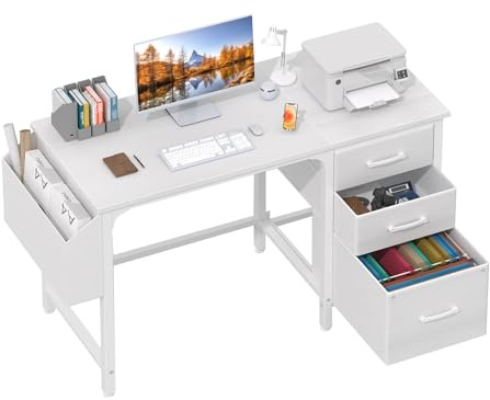Lufeiya Schreibtisch mit 3 Schubladen Klein Schreibtisch weiß 120x50cm Computertisch mit Stauraum Bürotisch Für Wohnzimmer Office Mädchen