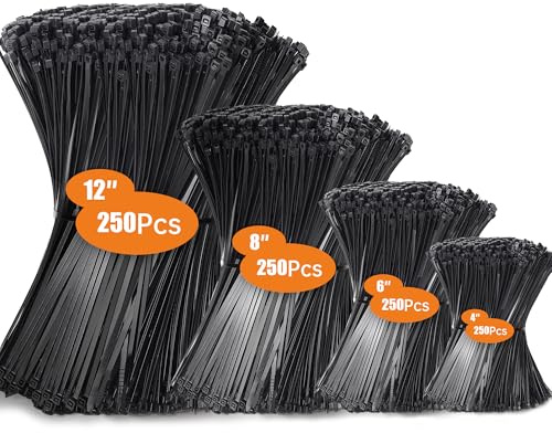 Hosuni Kabelbinder Schwarz Set, Kabelbinder UV Beständig,Cable Ties Nylon Verschiedene Größen für Kabelmanagement,Gartenarbeit,Wohnen,Werkstätten (100/150/200/300 mm(1000 Stück))