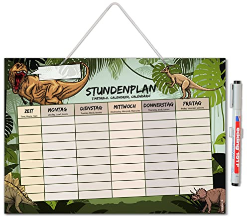 younikat Stundenplan abwischbar zum Aufhängen Dinosaurier - DIN A4 - dv1072 | Wiederbeschreibbar, Digitaldruck, Whiteboard-Oberfläche, mit Aufhängung, zum Schulanfang, Einschulung, inkl. Stift