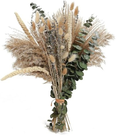 100 STK Pampasgras Deko, Boho Pampas Gras Trockenblumen | Natürliche Schilfblume Getrocknete Eukalyptus Lavendel Blumenstrauß Boho für Wohnzimmer Home Hochzeit Esszimmertisch Deko