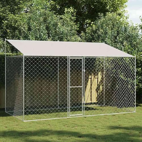Gecheer Hundekäfig mit Dach Silber 400 x 200 x 256 cm Stahl und PE für große Hunde, Außenbereich, mit 1 Tür