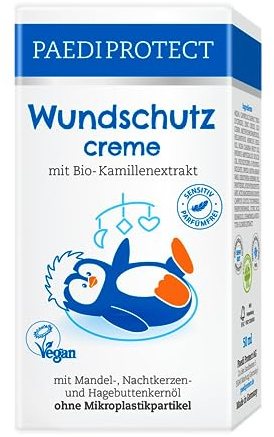 PAEDIPROTECT Wundschutzcreme Baby 50 ml, Wundsalbe ohne Parfüm & Silikone, vegane Babycreme Schutz für empfindliche Babyhaut im Windelbereich, Bio-Kamille Heilsalbe Pflege hilft bei Rötungen