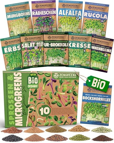 ZenGreens® - Bio Sprossensamen im 10er Set - Keimsprossensamen - für leichte Zucht im Sprossenglas oder Anzuchtschale - Probierpaket - 10 verschiedene Sorten - Microgreens Samen Mix