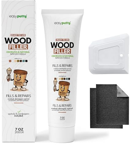 Holzkitt - Holzspachtel fur Reparaturen an Mobeln, Schraenke, Boden, Turen und Tischen - Fur Innen und Aussen + Inklusive Schleifpapier & Spachtel / 200 g (Eiche)