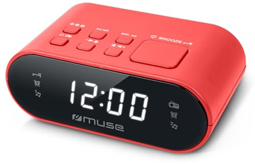 MUSE M-10 RD Radiowecker mit LED-Display, Dual-Alarm & digitalem UKW-Tuner | 20 Senderspeicher, dimmbares LED-Display & zwei Weckzeiten – kompakter Radiowecker für Schlafzimmer und Nachttisch