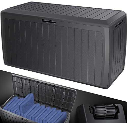 KESSER® Auflagenbox Kissenbox 𝟮𝟵𝟬𝗟, Klicksystem, mit Rollen & Haltegriffen, Deckel mit Hubautomatik, abschließbar, bis zu 290kg Gartenbox Wasserdicht, Vielseitige Kissenbox, Rattanoptik-Anthrazit