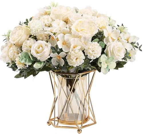 HNVNER 2 Bündel Kunstblumen Weiß, Seidenpfingstrosen Künstliche Rosen Kunstblumenstrauß für Home Party Centerpiece Dekoration Hochzeit Bouquet Blumenarrangements