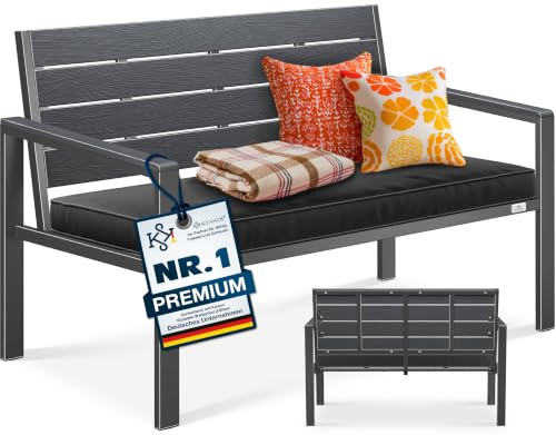 KESSER® Gartenbank mit Kissen – Sitzbank Wetterfest 2-Sitzer Parkbank in Holzoptik Balkonbank für Garten Terrasse Balkon bis 300 kg belastbar UV-beständig inkl. abnehmbarem & waschbarem Polsterbezug