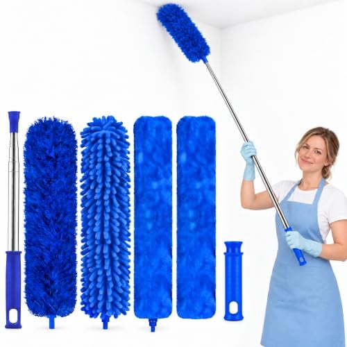 KELURSIEN Staubwedel Teleskop, 6-teilig, 254 cm, Blau | Waschbarer Staubwedel mit Teleskopstange, drei Reinigungsaufsätzen, Ersatzbezug und kurzem Handgriff.