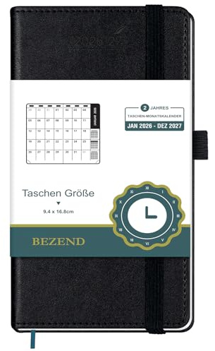 BEZEND Taschenkalender 2026 2027 Monatskalender 1 Monat 2 Seiten ca. A6 | 16,8 x 9,4 cm, 24-Monate Buchkalender Monatsansicht (Jan 26 - Dez 27), 100 GSM Papier, PU-Leder Hardcover, Schwarz