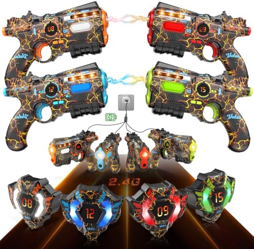 VATOS Wiederaufladbares Laser Tag Set mit 4 Spielern - 2.4GHz Daten Voll SYNC 4 Pistolen & 4 Westen, Geburtstagsspielzeug & Ideen Laser Tag Gun für Kinder Teen Erwachsene für Outdoor aktivitäten