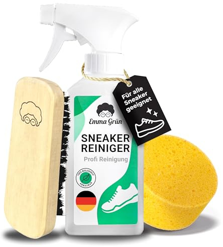 Emma Grün® Sneaker Cleaner Reinigungsset 250ml [Bürste + Schwamm] - Nachhaltiges Schuhpflege Komplettset - Schuhputzsets Sneaker Reiniger Weiß - Schuhreiniger Schuhpflegeset - Shoe Cleaning Kit