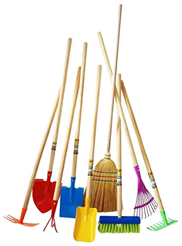 9-teilig Kinder Gartengeräte Set aus Metall & Holz Gartenspielzeug | Gartenwerkzeug für Kinder ab 3 Jahren, mit 76cm Stiel, Schaufel, Spaten, Rechen, Besen, Grubber & Doppelhacke