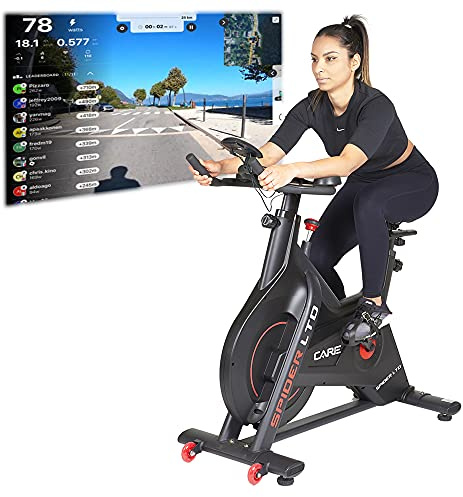 Care Fitness - Spider LTD Heimtrainer - Indoor Bike mit Bluetooth-Verbindung - Magnetbremse - Riemenantrieb - 15 kg Schwungmasse - Programme über Kinomap App