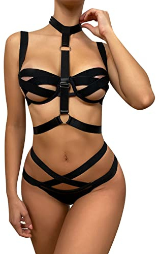 pitashe_Bekleidung Body Harness Damen Verstellbares Strap Dessous Set Sexy Brust und Körper Harness Lingerie Schwarz Einheitsgröße für Nachtwäsche Festival Club Party Halloween Valentinstag
