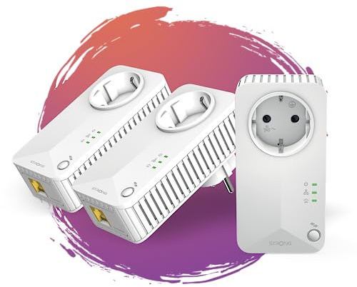 Strong - Powerline 600 Triple EU Set - 3 Powerline-Adapter 600 Mbps - Fast-Internetzugang - integrierte Steckdose - 300 m Reichweite - Für alle Router - LAN-Anschluss - Easy-Installation - weiß