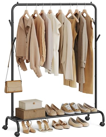SONGMICS Kleiderständer auf Rollen, Kleiderstange, Garderobenstange, Garderobenständer aus Stahlrohren, bis 50 kg belastbar, 103,5 cm breit, multifunktionale Aufbewahrung, schwarz HSR131B01