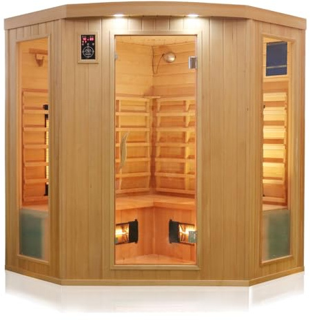Dewello® Infrarotkabine Infrarotsauna Haley 160x160 für 2-4 Personen aus Hemlock Holz mit Vollspektumstrahler, Bodenstrahler, LED-Farblicht, Bluetooth, FM,MP3,USB