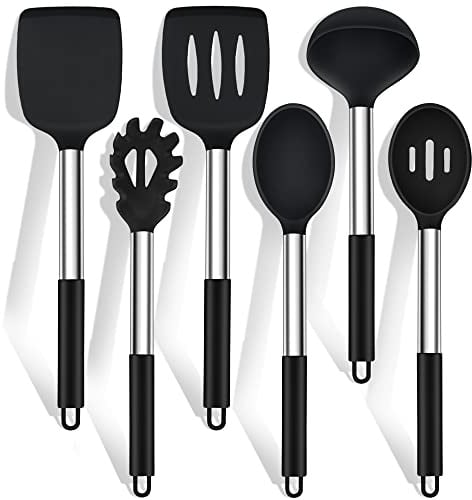 Küchenhelfer Set, HaWare 6 Stück Silikon Küchenutensilien Kochlöffel Set mit Edelstahlgriff, Antihaft Hitzebeständiger Kochutensilien Kochbesteck Set, Leicht zu Reinigen & Spülmaschinenfest - Schwarz
