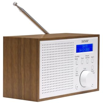 Denver DAB-46 DAB+ und UKW-Radio, Uhr und Wecker, 2 W Audio-Ausgang, Holz-Finish, Weiß, 1954043