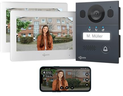 Goliath Basic Video Türsprechanlage, 2 Draht Bus, 2X 7 Zoll Monitor, Aufputz Türklingel mit Kamera, Gegensprechanlage mit Türöffner und Klingel, 1 Familienhaus, Plug & Play, Smartphone App