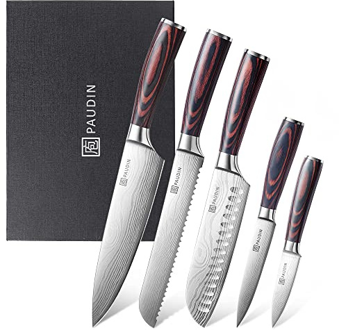 PAUDIN Küchenmesser Set, 5-teilig Küchenmesserset aus hochwertigem Carbon Edelstahl, Ultra Scharfes Messerset mit Chefmesser Hackmesser Allzweckmesser