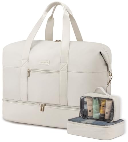 LOVEVOOK Weekender Reisetasche Damen Sporttasche Handgepäck Tasche Groß Kliniktasche Geburt Travel Bag Duffle Bag mit Kulturtasche Schuhfach für Flugzeug Reisen, Beige