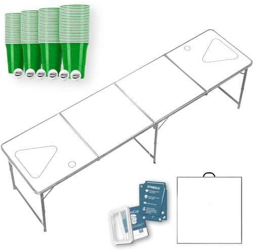 RedCupShop® Beer Pong Tisch zum Selbst Bemalen | weißer Bierpong Partytisch 240 x 60 x 70 cm | klappbar | Aluminiumrahmen | Wasserabweisende Oberfläche (Tisch inkl. Bechern, Bällen & Trinkspiel)