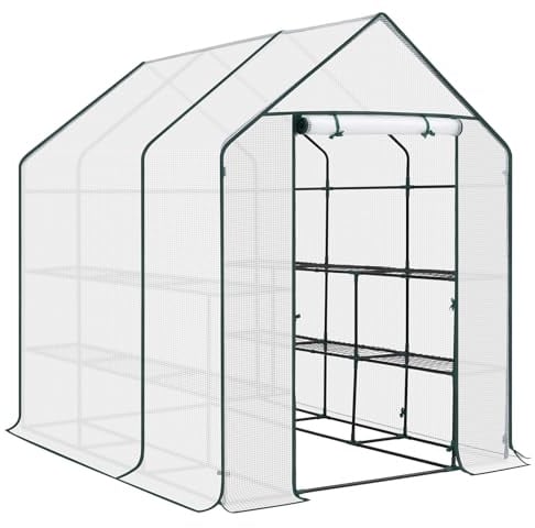 WOLTU Foliengewächshaus, Tomatengewächshaus für Garten Balkon, Indoor & Outdoor, Metallgestell, Gewächshaus mit 3 Ablagen, für Frühbeet Gemüse Blumen, 143 x 195 x 215 cm, Weiß