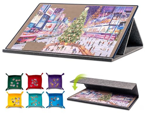 Tektalk Puzzle-Brett mit 2-in-1-Stand- und Abdeckdesign, mehrwinkelverstellbare Halterung und 6 Farbsortierboxen, Matten für die Aufbewahrung/den Schutz von Puzzles, bis zu 1000 Teile – grau
