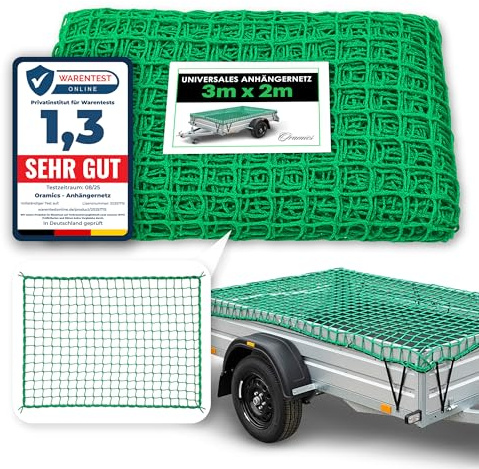 Oramics Anhängernetz 2x3 m – Reißfestes Gepäcknetz & Sicherungsnetz für Anhänger – Dehnbares Netz zur Ladungssicherung aus grünem Nylon – Netz für PKW-Anhänger, Transport & Plane