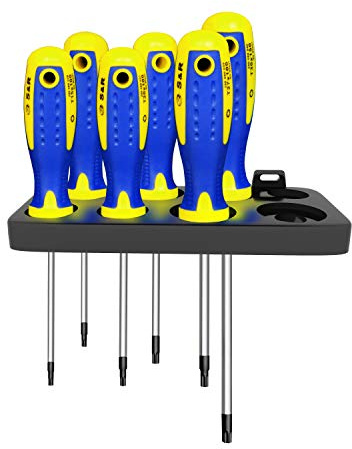 S&R Schraubendreher Set Torx 6-tlg, magnetisch, Power-Form Schraubendrehersatz, T10 T15 T20 T25 T27 T30, gelochter Ergo-Griff, inkl. Wandhalterung, Schraubenzieher Set mit S2 Spezialstahl Klingen