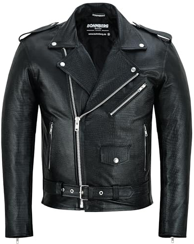 Bohmberg Herren Lederjacke TOKYO aus Rindsleder im Croc Look Motorrad Jacke Schwarz Biker Stil Hochwertige Herren Motorradbekleidung aus Echtleder für Chopper und Bikes