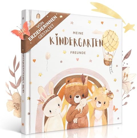 EULENTALER Kindergartenfreundebuch Boho | Von Erzieherinnen gestaltet | Mit handgemalten Waldtieren, Goldprägung, 6 Erzieherinnen Seiten und kinderfreundlicher Gestaltung, Freundebuch Kita für alle