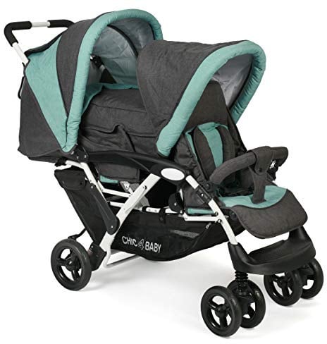 CHIC 4 BABY - Geschwisterwagen DUO mit Tragetasche und Regenschutz, Geschwisterkinderwagen für zwei Kinder, Zwillingswagen, Zwillingsbuggy, Tandemkinderwagen, Tandembuggy, Kinderwagen, Melange mint