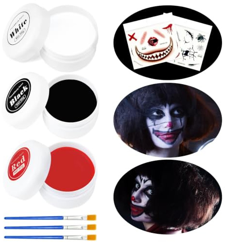 HuaMuDM 150g Halloween Schminke Schwarz Weiß Rot,Halloween Clown Makeup Kit | Halloween Gesichtsfarbe mit Makeup Pinsel und 2 Aufkleber,Faschingsschminke für Halloween,Faschingsschminke Theaterschminke