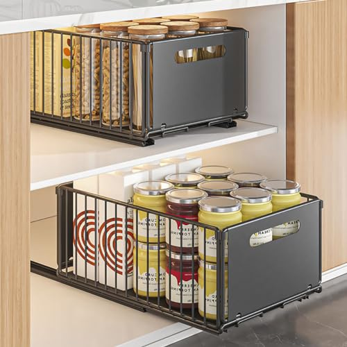 YunNasi Teleskopschublade,Erweiterbar Ausziehbare Schubladen-Aufbewahrungsregale für Küchenschränke,Schubladenregale Herausschieben Kein Bohren und Nageln (schwarz, 2Stück 38D X 25W X 19H CM)