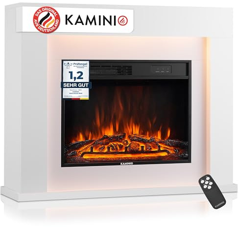 KAMINIO Elektrokamin Matti - Elektrischer Standkamin mit Heizung, 3D-Flammeneffekt, LED-Ambientelicht, Thermostat, Timer, Fernbedienung - 38 Zoll (Weiß)