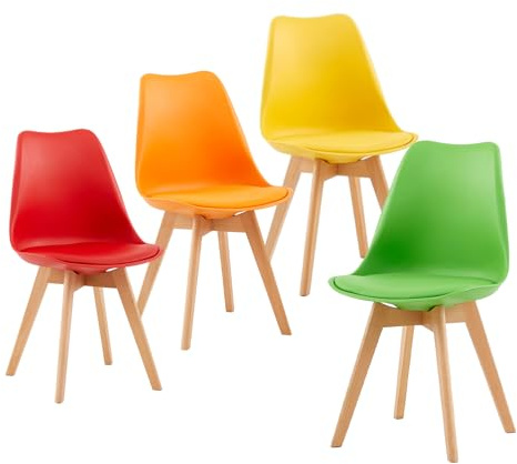 EGGREE 4er Set Esszimmerstühle Skandinavischer Schalenstuhl mit PU-Sitzkissen & Massivholz-Beinen, Bunt SGS-Geprüft Retro Küchenstuhl Polsterstuhl für Esszimmer & Wohnzimmer (Gelb, Rot, Grün, Orange)