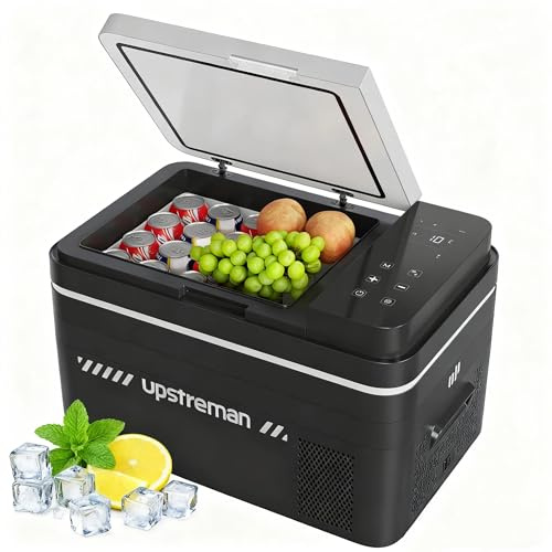 Upstreman 30 Liter Kompressor Kühlbox, 12V 230V Klein Auto kompressorkühlbox, -20 °C bis 20 °C Elektrisch Kühlschrank mit Gefrierfach und LED-Beleuchtung, für Auto, Camping, Schwarz, AR30