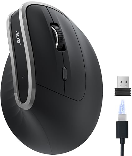 Acer 2.4G Ergonomische Maus, Vertikale Optische Maus Kabellos 1600 DPI, Wiederaufladbar Wireless Mouse, Funkmaus mit USB-A Empfänger für PC und Laptops, Kompatibel mit Windows, macOS, Linux usw.