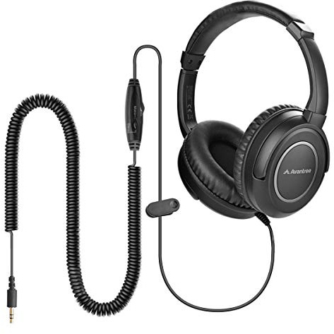 Avantree HF039 - Kabelgebundene TV-Kopfhörer mit 5-m-Spiralkabel | Inline-Lautstärkeregler, Stereo-/Mono-Umschaltung und 3,5-mm-AUX für TV und PC, in Schwarz