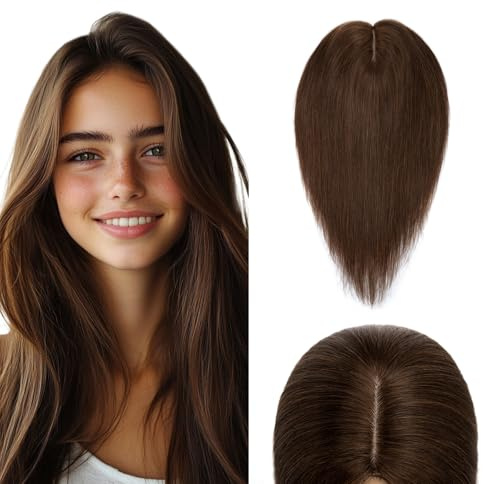 Elailite Clip in Toupet Frauen Haarteil Echthaar Topper Seide Basis 45cm 57g Clip in Extensions Haarverlängerung 130% Dichte Remy Silk Base Glatt 18 #04 Mittel Braun